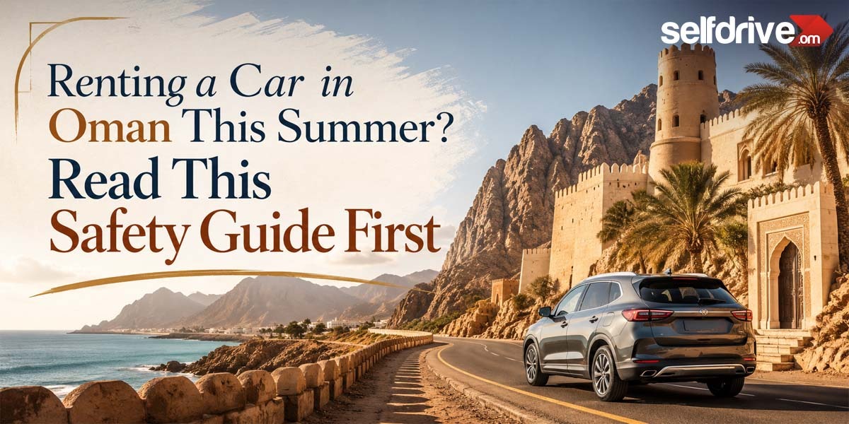 Rental car driving along Oman's scenic coastal highway during summer with mountains and fort, promoting a summer driving safety guide by SelfDrive Oman.